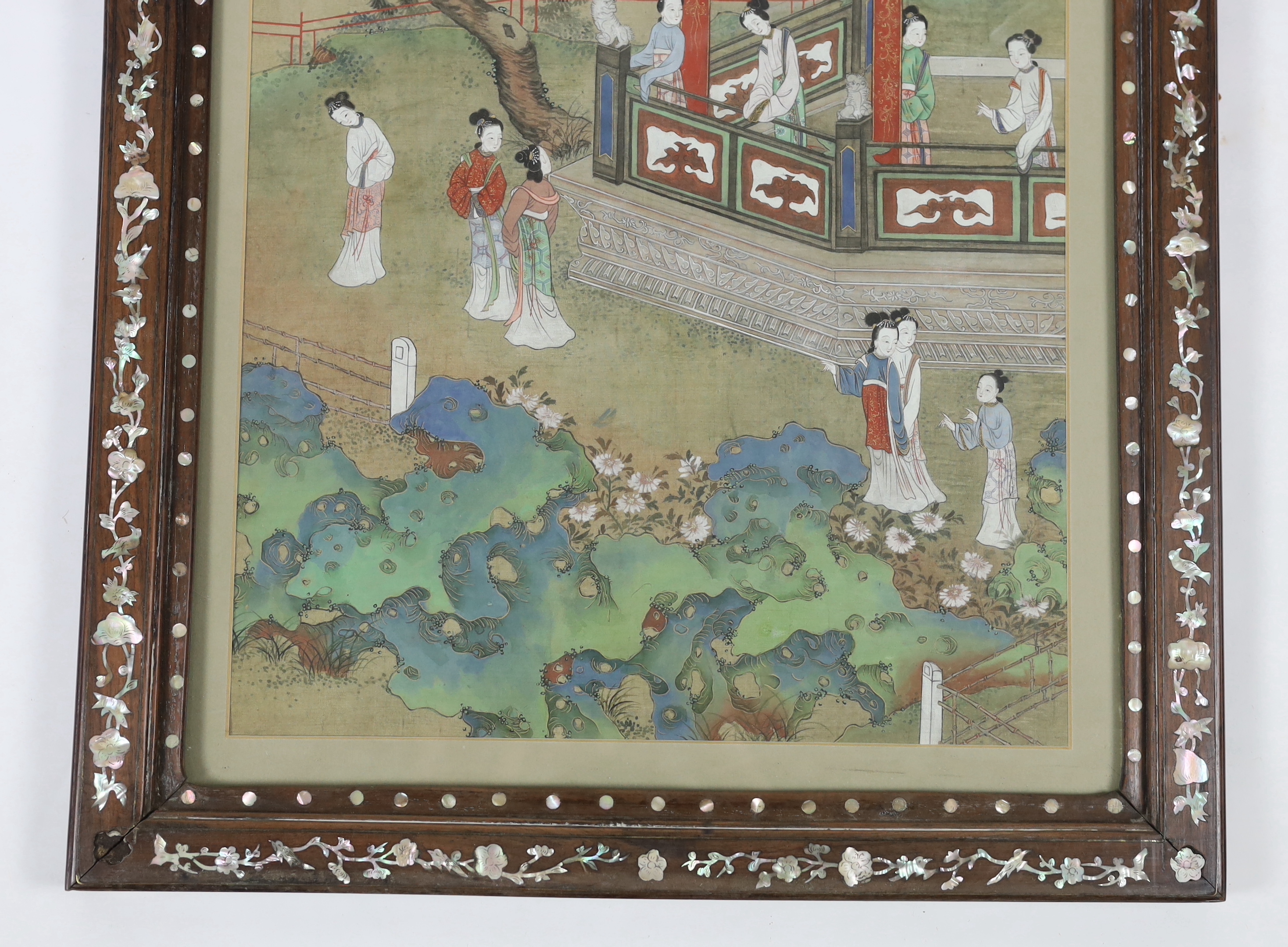 A Chinese painting on silk of ladies in a pavilion garden, c.1800